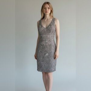 Sue Wong Nocturne Beaded Lace Cocktail Dress Silver Gray V-Neck Size 0